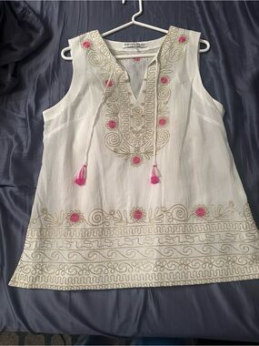 Trina Turk L tunic sleeveless embroidered tassels  separate tank underneath